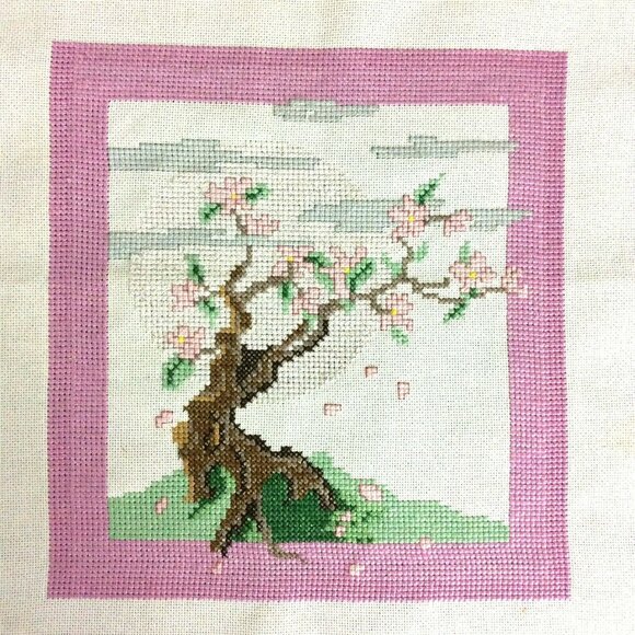 Asian Cherry Blossom Tree Finished Counted Cross Stitch On Canvas - Picture 2 of 5